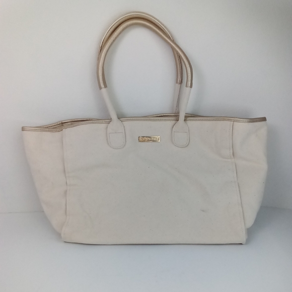 Ralph Lauren Handbags - Ralph Lauren Cream Canvas Tote Bag Gold Vegan Leather NWOT